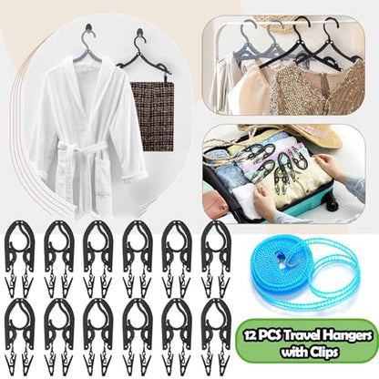 12 PCS Travel Hangers,Portable Folding Clothes Hanger,Travel Accessories Foldable Travel Hangers with Clips,Foldable Clothes Drying Rack for Travel,Black Plastic Non Slip Clothing Hangers - size: 12PCS