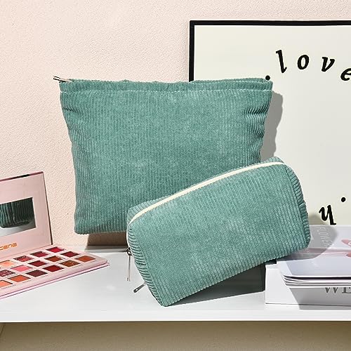 SOIDRAM 2 Pieces Makeup Bag Large Corduroy Cosmetic Bag Capacity Canvas Mix Travel Toiletry Bag Organizer Cute Makeup Brushes Aesthetic Accessories Storage Bag for Women, Corduroy Mix Green - color: Corduroy Green