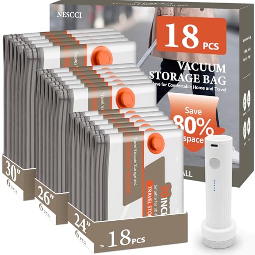 NESCCI Vacuum Bags for Travel with Rechargeable Air Pump,Carry-on Size Compression Packing Bags for Luggage and Suitcase,Space Saver for Clothes 18 Pcs Combo Travel Size - size: 18 Combo Size (Orange)