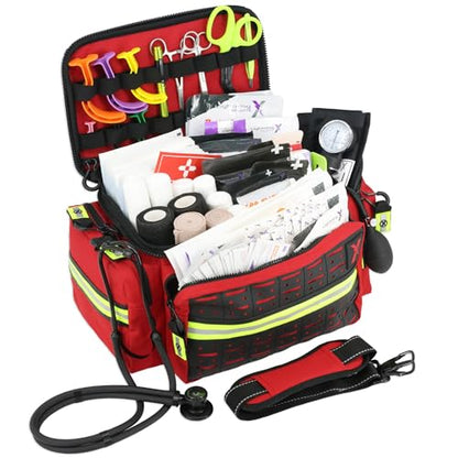 Lightning X Mid-Sized First Responder EMT Bag | LXMB25 | Fully Stocked w/ 240+ First Aid, EMS & Trauma Supplies - RED - color: Red