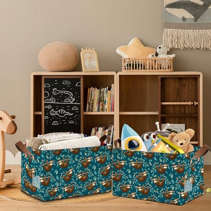 Funny Sloth Storage Baskets,Leaves Foldable Organizer Bin with Handles for Home Living Room Bedroom Closet Box 17x11.5x10Inch - color: Funny Sloth Leaves