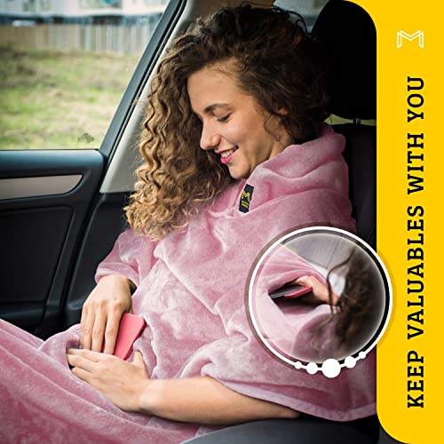 Travel Blanket Airplane Compact with Hoodie – 2in1 Airplane Travel Accessories from Plane Blanket to Travel Pillow with Luggage Strap, Soft Handle & Secure Pocket (Light Pink, 62x41'') - color: Light Pink, size: 62x41''