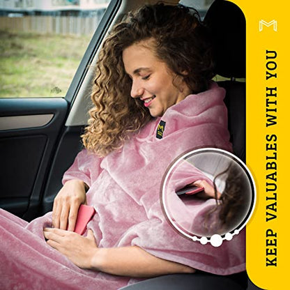 Travel Blanket Airplane Compact with Hoodie – 2in1 Airplane Travel Accessories from Plane Blanket to Travel Pillow with Luggage Strap, Soft Handle & Secure Pocket (Light Pink, 62x41'') - color: Light Pink, size: 62x41''