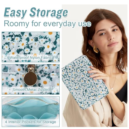 Nylon Large Floral Makeup Organizer Bag, Preppy Big Cute Flower Cosmetic Zipper Pouch Multi-compartment with Dividers, Waterproof Toiletry Makeup Brushes Bag Travel Essentials for Women(Green-Daisy) - color: Green-Daisy, size: Large