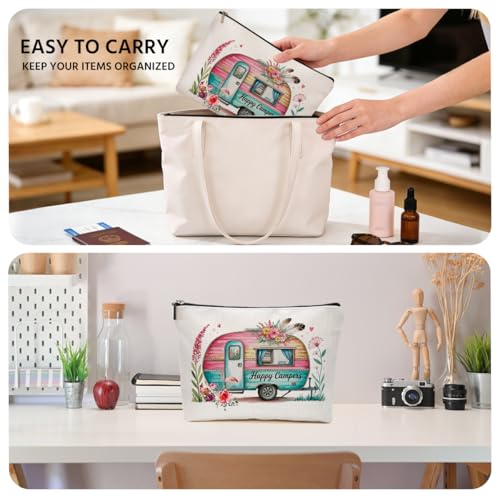JIUWEIHU Camping Makeup Bag, Tent Rv Bonfire Cosmetic Bags Travel Organizer Bag Zipper Pouch, Birthday Friendship Gifts for Women Friend Colleague Sister Niece Mom, Camping Gifts - color: Multicolor 0066