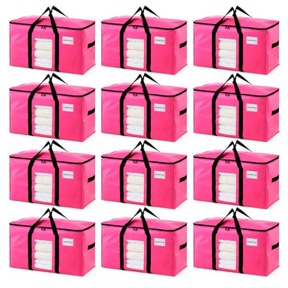 TAILI 12 Pack Pink Extra Large Moving Bags, Heavy Duty Totes with Visible Window, Wrap Around Handles, Space-Saving Storage Solution, Alternative to Moving Boxes - color: Pink, size: 12 Large