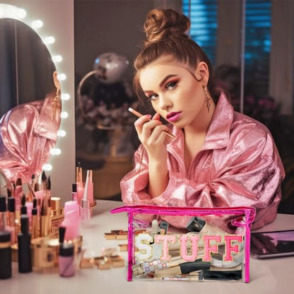 Y1tvei STUFF Large Makeup Bag - Preppy Patch Chenille Varsity Letter Transparent PVC Clear Extra Large Cosmetic Pouch Portable Waterproof Travel Organizer Toiletry Compliant Bag for Women(Rose Red) - color: Rose red STUFF Rose Red