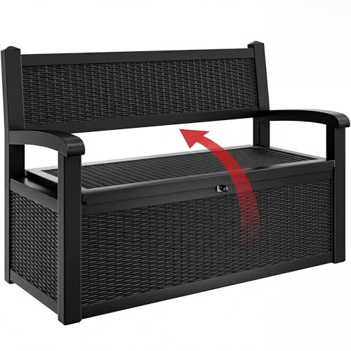 YITAHOME 80 Gallon Storage Bench Deck Box, Lockable Patio Bench with Hidden Storage, Waterproof Outdoor Pool Deck Storage for Patio Cushions, Garden Tools and Pool Supplies, Black - color: Black, size: 80 Gallon