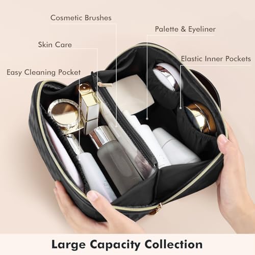 Prite Makeup Bag for Women Travel Waterproof Vegan Leather Cosmetic Bag Open Flat Toiletry Bag With Clear Divider and Handle (Plaid Black, Medium) - color: Plaid Black, size: Medium