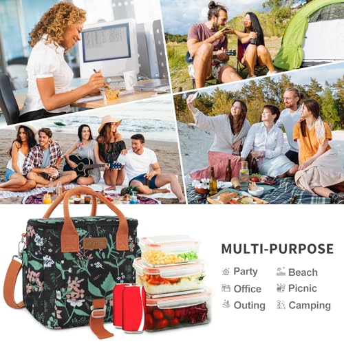 Joymee Large Insulated Lunch Bag Women Reusable Waterproof - Green Leaf | Large Spacious, Cooler Lunch Bag, Adjustable Shoulder Strap, With Side Pocket, Bottle Holder, for Office Work Picnic Travel - color: Green Leaf