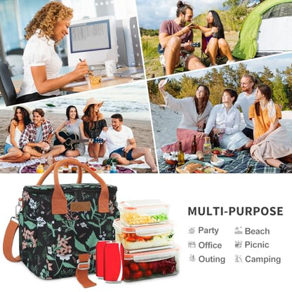Joymee Large Insulated Lunch Bag Women Reusable Waterproof - Green Leaf | Large Spacious, Cooler Lunch Bag, Adjustable Shoulder Strap, With Side Pocket, Bottle Holder, for Office Work Picnic Travel - color: Green Leaf