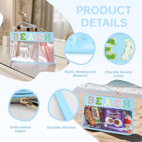 Chenille Letter Clear Zipper Pouch for Travel Preppy Patch Makeup Bag-Nylon Cosmetic Preppy Makeup Waterproof Organizer Bag Set for Women Valentines Bag (BL-BEACH) - color: BL-BEACH