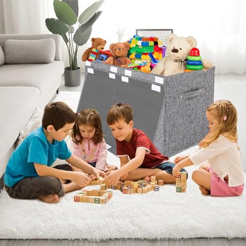 Collapsible Toy Storage Bin with Lid, 82L Large Capacity - Gray Neutral Space-Saving Organizer for Playroom, Bedroom & Nursery, Foldable Design - color: Gray