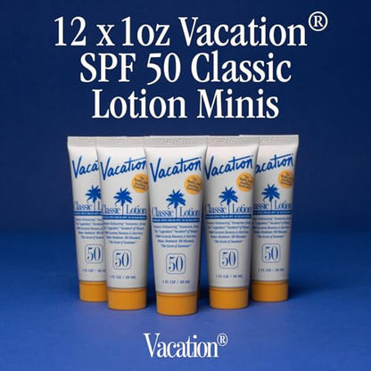 Vacation Mini Classic SPF 50 Sunscreen Lotion, 1 Fluid Ounce, Pack of 12 - Bulk Sunscreen, Invisible, No White Cast, Water-Resistant, Travel Size, Dermatologist-Tested, Vegan - size: 1 Fl Oz (Pack of 12), style: SPF 50