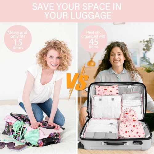 KPX 8 Set Packing Cubes for Travel, Luggage Packing Organizers Accessories Large Toiletries Bag for Clothes Shoes Cosmetics (8Set-Cherry & Bow) - color: 8Set-Cherry & Bow