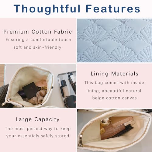 uekeboag White Quilted Cotton Makeup Pouch,Coquette Quilted Toiletry Bag for Women and Girls, Floral Coquette Organizer Bag, Aesthetic Travel Cosmetic Bags(LightBlue Shell) - color: LightBlue Shell