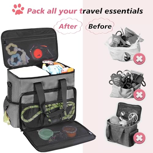 5 Set Dog Travel Bag for Supplies, Dog Lovers, Large Pet Travel Kit Includes 2 Food Containers&2 Collapsible Bowls、Placemats,Grey - color: Wavellite Gray