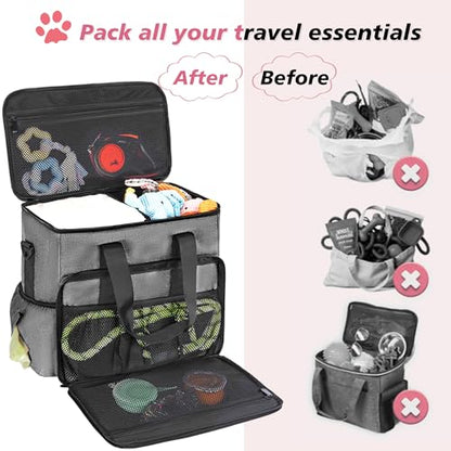 5 Set Dog Travel Bag for Supplies, Dog Lovers, Large Pet Travel Kit Includes 2 Food Containers&2 Collapsible Bowls、Placemats,Grey - color: Wavellite Gray