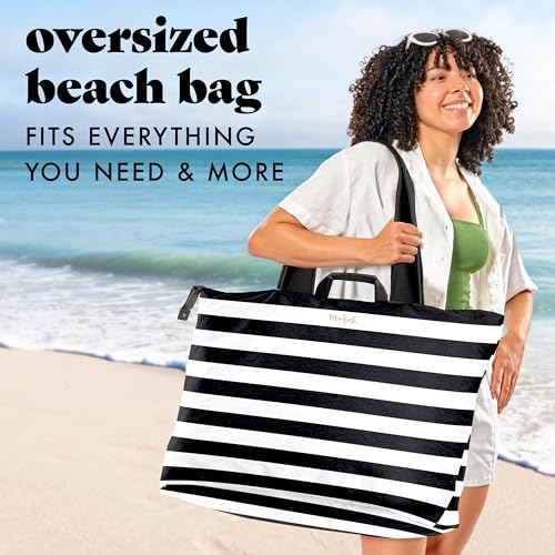 Fit & Fresh XL Beach Tote Bag for Women – XL Travel Tote with Zipper & Pockets, Oversized Canvas Pool Bag, Weekender Carry-On - color: Black & White Stripe