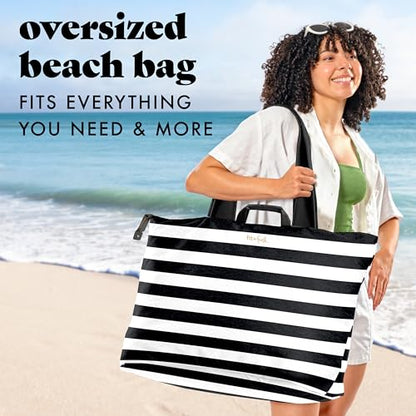 Fit & Fresh XL Beach Tote Bag for Women – XL Travel Tote with Zipper & Pockets, Oversized Canvas Pool Bag, Weekender Carry-On - color: Black & White Stripe