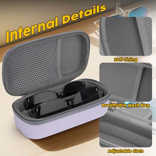Double Eyeglasses Case,Hard Shell Glasses Case Travel Sunglasses Organizer with Adjustable Slot & Clip for Men Women - color: Purple