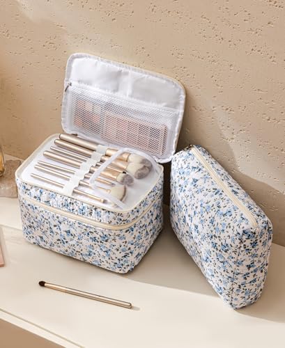 HBselect 2Pcs Travel Makeup Bag, Large Cotton Quilted Makeup Bag Cosmetic Bag Cute Make up Bag Toiletry Bags for Women Girls - color: 2PCS-Quilted Makeup Bag 4