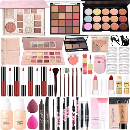All-in-One Makeup Kit for Teens Women Full Kit, Makeup Gift Set for Girls, Makeup Essential Bundle Includes Eyeshadow Foundation Lipsticks Lipgloss Mascara Eyeliner Contour Stick Cosmetic Brush Set