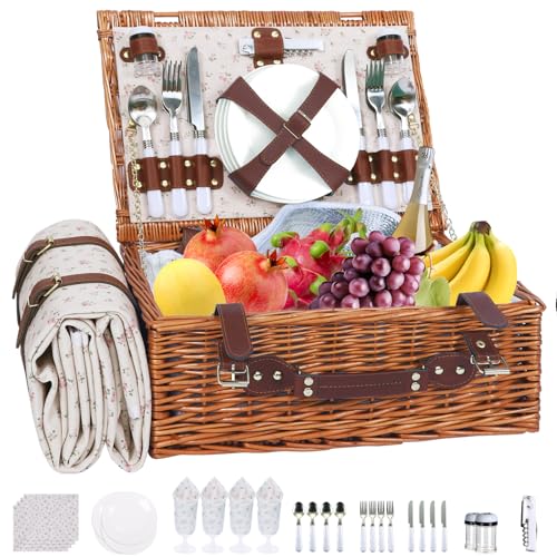 Picnic Baskets Wicker Willow Picnic Set for 4 Persons with Insulated Cooler Bag and White Floral Waterproof Picnic Blanket Gift for Christmas Thanksgiving Wedding Birthday Camp Outdoor Beach Travel - color: Classic Flower