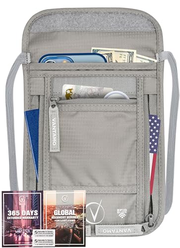 Vantamo Money Belt with RFID For Men & Women, Hidden Passport Holder for Travel, 2 Compartment Travel Fanny Pack for Women Anti Theft - color: Neck Wallet - Light Gray