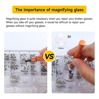 Upgraded All-in-One Magnetic Eyeglass Repair kit with Magnifying Glass, Repair Tool Kit with 12 Interchangeable Screwdriver Bits, Nose Pads, Screws and Tweezer for Eyeglass, Sunglass, Watch, Laptop