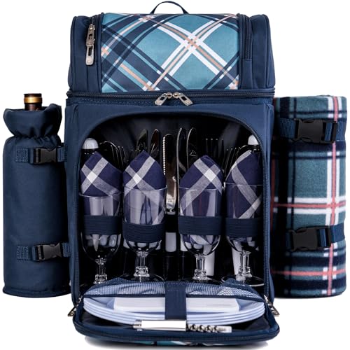 ALLCAMP Picnic Basket Backpack Cooler for 4 Person with 2 Insulated Cooler Compartment, Detachable Bottle/Wine Holder, Fleece Blanket, Plates and Cutlery for Family,Couple and Friend gatherings (Blue) - color: Blue, size: 4 person