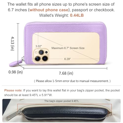 Moflycom Womens Wallet RFID Blocking Genuine Leather Zip Around Wallet Clutch Wristlet Travel Long Purse for Women - color: Light Purple