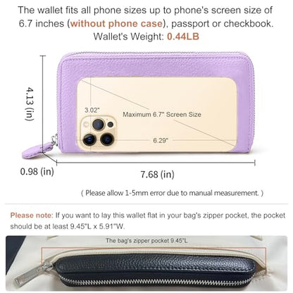 Moflycom Womens Wallet RFID Blocking Genuine Leather Zip Around Wallet Clutch Wristlet Travel Long Purse for Women - color: Light Purple
