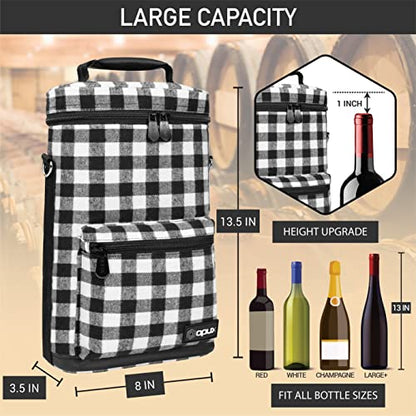 Opux 2 Bottle Wine Tote Carrier, Insulated Cooler Bag for Travel Picnic, Leakproof Padded Case, Wine Gifts for Women & Men, Plaid Buffalo White - color: Buffalo Plaid White