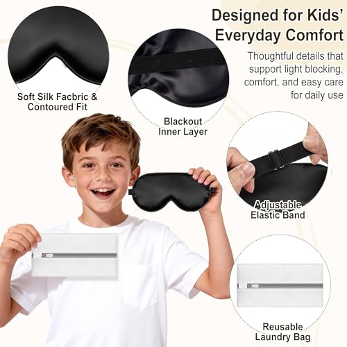 Kids Sleep Mask, Kids Eye Mask for Boys Girls, Kid Silk Eye Masks with Adjustable Strap for Sleeping, 100% Light-Blocking Sleep Eye Cover, Includes Protective Laundry Bag (Black) - color: Black