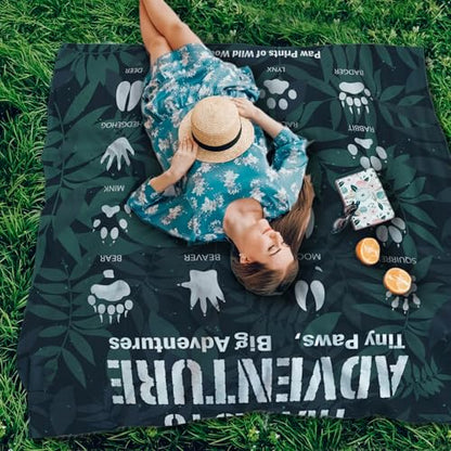 Camping Paws Tracks Pocket Picnic Blankets, Camp Mini Beach Camping Blanket Waterproof, Rustic Green Leaf RV Outdoor Picnic Blanket Mat Gifts for Camper Campsite Travel Hiking 55x60in - color: Paws