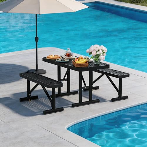 4FT Outdoor Metal Picnic Table with 2 Benches,Heavy Duty Rectangular Picnic Table Set for Outside, Waterproof Commercial Restaurant Table Furniture for Park, Campfield, Patio, Garden, Yard - color: Set B-black, size: 4FT