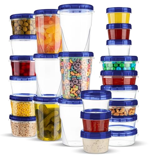 PLASTICPRO 24 Pack Twist Top Containers Assorted Sizes Plastic Food Storage Containers with Blue Twist on Lids Stackable Reusable - color: BLUE