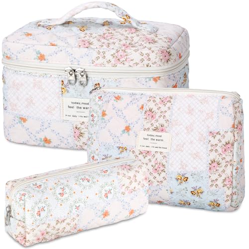 senbowe Floral Makeup Bag, 3 Pack Large Cotton Quilted Makeup Bag Set, Cute Floral Coquette Aesthetic Toiletry Bag Make Up Cosmetic Bag for Women, Toiletry Travel Make Up Organizer Bag - color: Pink Flower