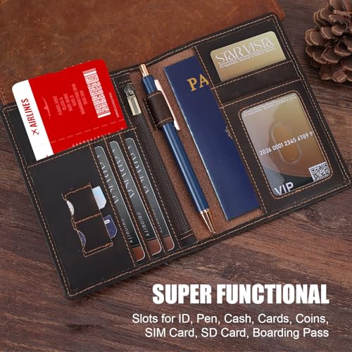 STAR VISTA Phoenix Leather Passport Holder, Full Grain Cowhide Travel Wallet - RFID Blocking, ID Window, Zipper Pocket, Pen & Notebook Included, Dark Chocolate - color: Dark Chocolate Cowhide