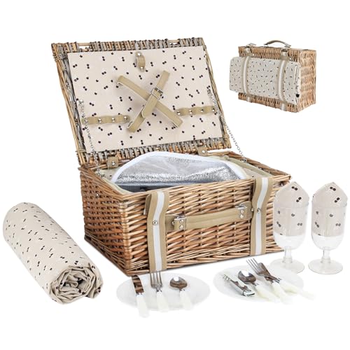 Willow Picnic Basket Set for 2 Persons with Large Insulated Cooler Bag and Waterproof Picnic Blanket, Wicker Picnic Hamper for Camping,Outdoor,Birthday - color: Beige Flower, size: 15x11x7.5inch
