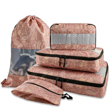 U+U 5 Set Packing Cubes for Travel Essentials Ultralight Luggage Packing Organizers with Laundry Bag and Shoe Bag for Vacation, Business Trip and Camping (Paisley Pattern) - color: Paisley Pattern