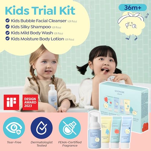 GOONGBE Kids Travel Toiletry Set – 4-in-1 TSA Carry-On Kit with Shampoo, Body Wash, Face Cleanser (Sunscreen Removal) & Lotion, Silicone-Free Low pH for Sensitive Skin1oz Each
