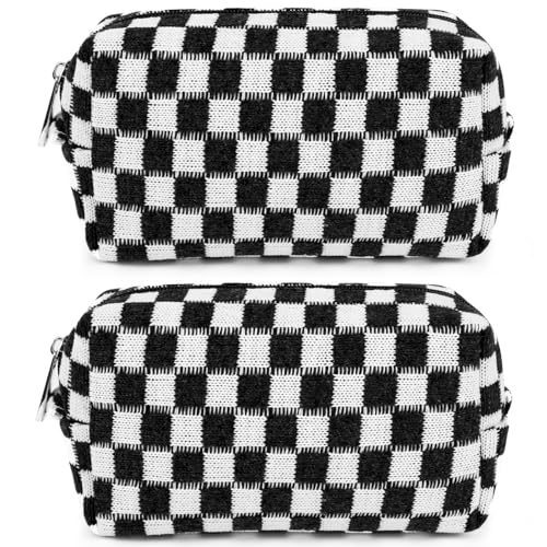 SOIDRAM 2 Pack Checkered Makeup Bag for Women, Cute Makeup Pouch Small Makeup Bag Travel Cosmetic Organizer for Toiletries, Brushes & Skincare - color: Black, size: 2 Pack