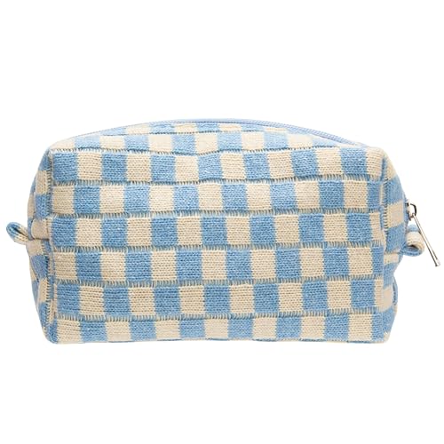 PAZIMIIK Checkered Makeup Bag for Purse Portable Zipper Make Up Pouch Small Cosmetic Case for Travel Accessories Blue Beige - color: BLUE BEIGE, size: 1 PCS BOX POUCH