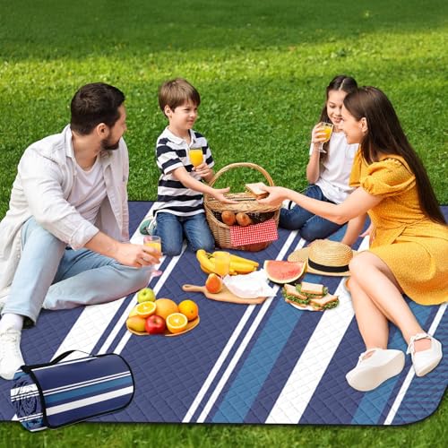Waterproof Picnic Outdoor Blanket, 79" x 59" Sandproof Foldable Large Picnic Blanket for Beach, Camping, Park, Travel, Concert, Great Gift for Families and Couples (Blue Striped) - color: Blue Horizontal Striped
