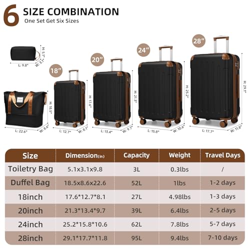 LARVENDER Luggage Sets 6 Piece Hardside Expandable Suitcase Set with Spinner Wheels TSA Lock Black, Travel Luggage Set Clearance for Men and Women, Black - color: Black Brown, size: 6 piece set