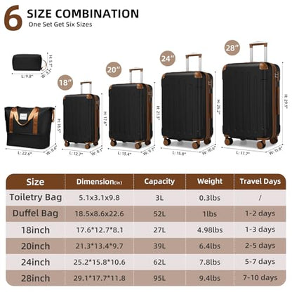 LARVENDER Luggage Sets 6 Piece Hardside Expandable Suitcase Set with Spinner Wheels TSA Lock Black, Travel Luggage Set Clearance for Men and Women, Black - color: Black Brown, size: 6 piece set