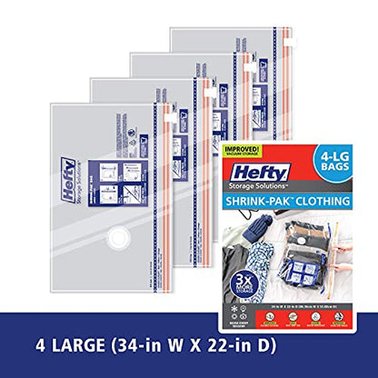 Hefty Shrink-Pak - 4 Large Vacuum Storage Bags for Clothes, Pillows, Towels, or Blankets - Space Saver Vacuum Sealer Bags Ideal Under Bed Storage Solutions - style: 4 Large / Clothing