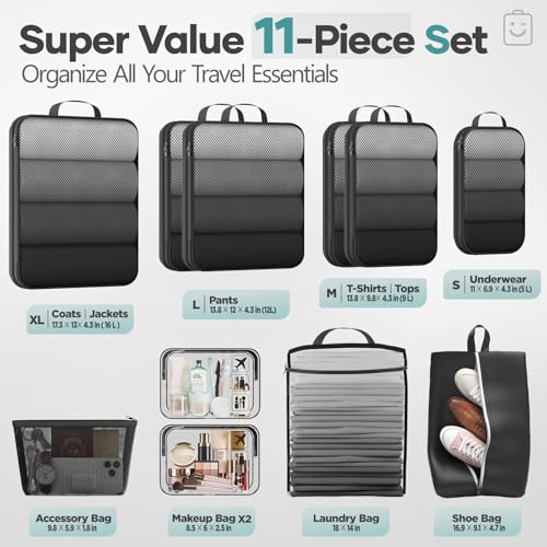 Veken 11-Pack Compression Packing Cubes for Travel Essentials,Compressible Expandable Large Luggage Suitcase Organizer Bags for Clothing,Durable Space Saver Bags with Toiletry Bags(Black) - color: Black, size: 11 set